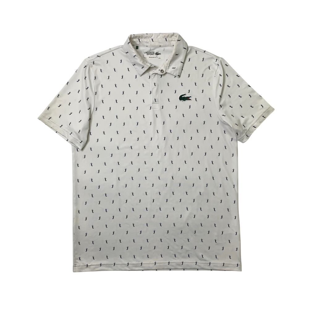 Lacoste Polo Shirt Mens L Large White Navy Golf Allover Printed Alligator Logo